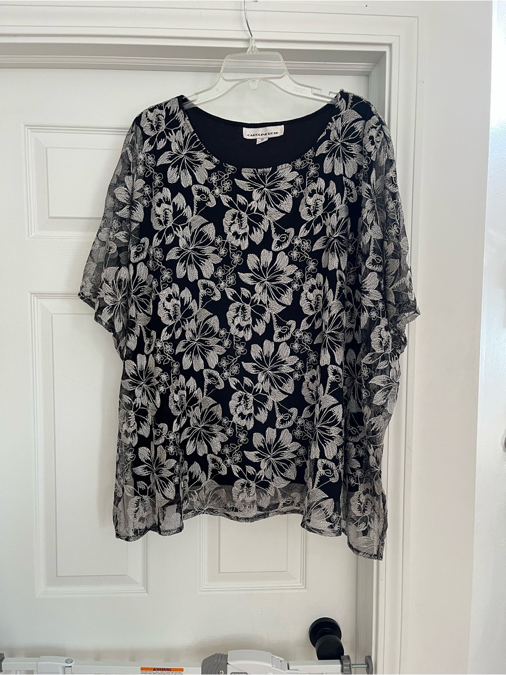 Caroline Rose Casually Elegant Black Floral Mesh Overlay Top